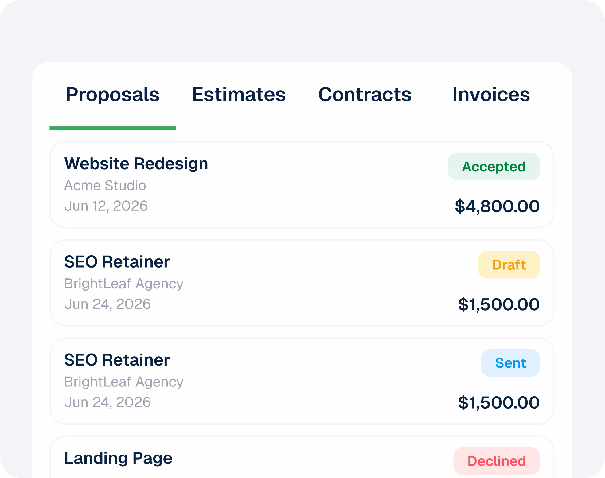 Proposals, estimates, contracts, and invoices in one list