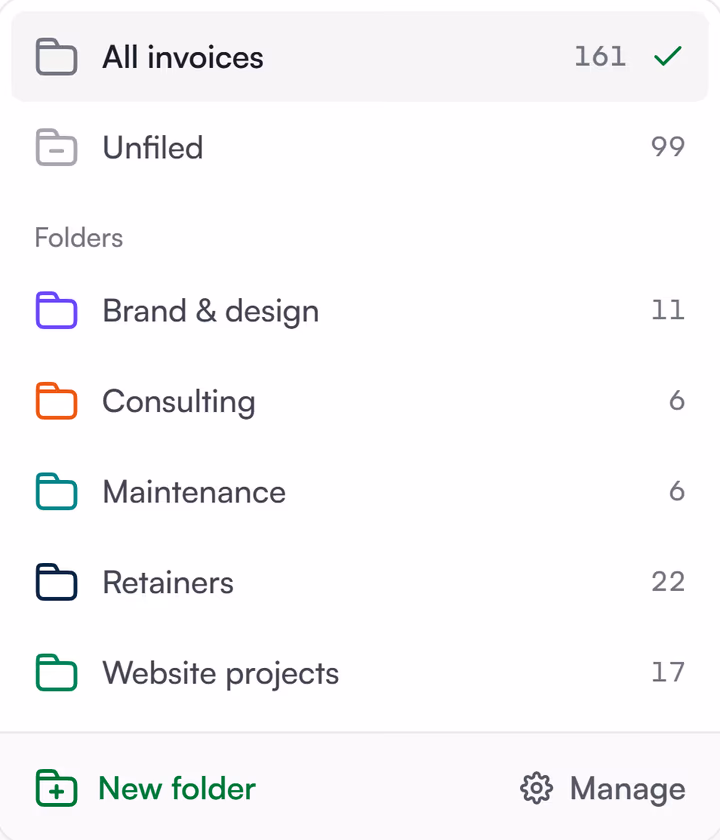 Invoice folders: Brand and design, Consulting, Maintenance, Retainers, Website projects